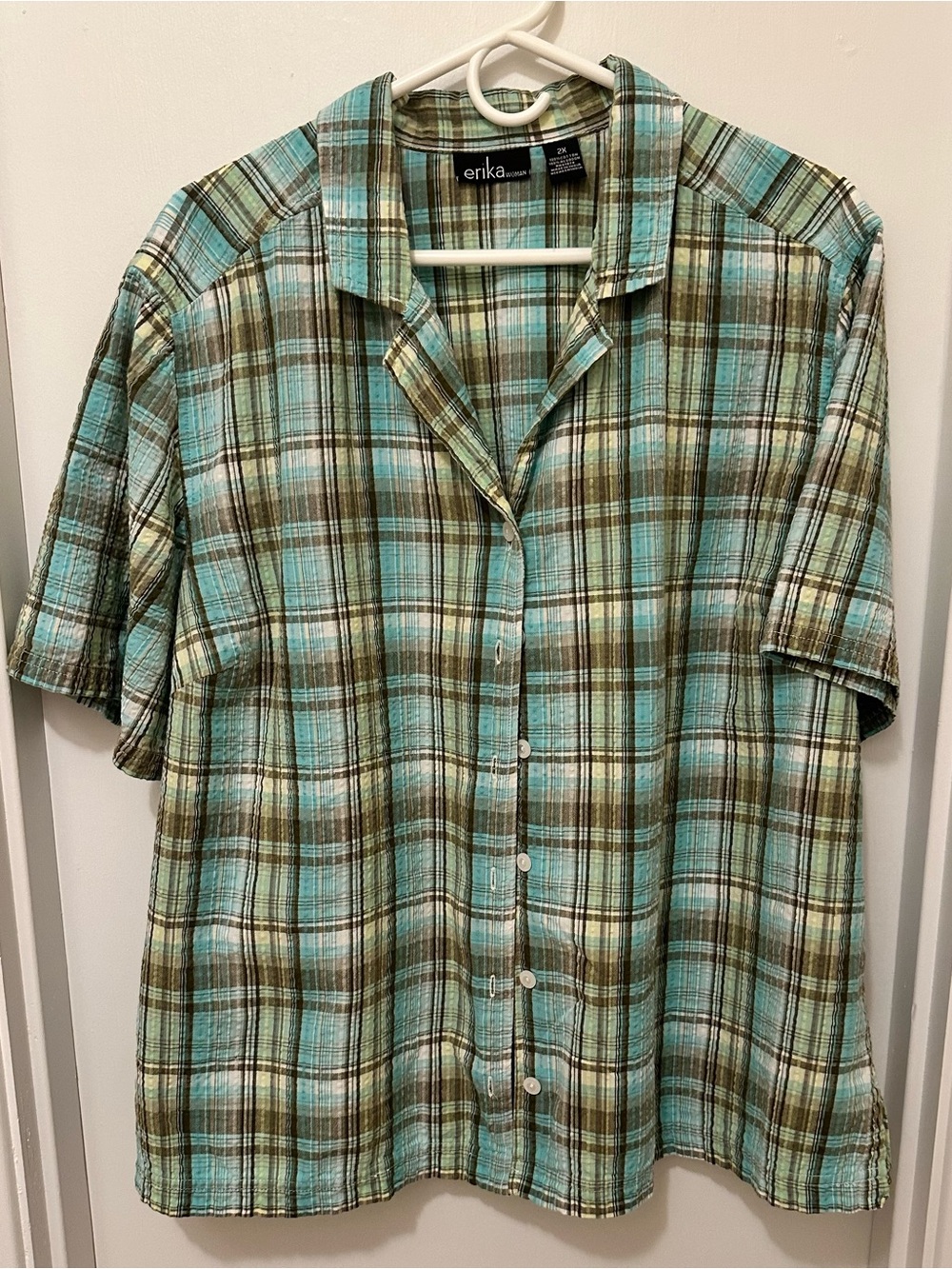 Erika Woman Plaid Button-Up Shirt in Mint and Brown (2X) NWOT